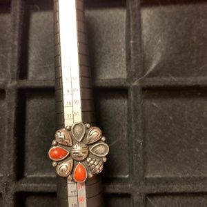 Vintage Native American Carol Felley Sunface Ring Size 7 Coral Sterling